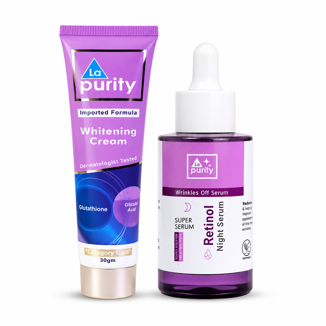 La Purity Whitening Cream and Wrinkles Off Serum on a white background